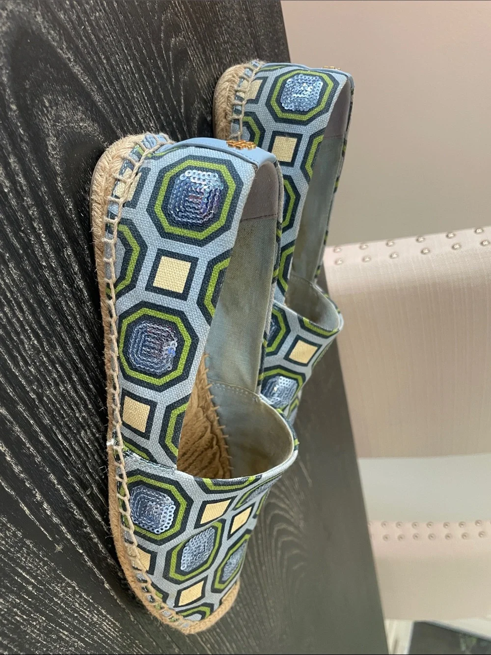 Tory Burch Geometric Sequin Espadrilles in Blue, Green & Cream
